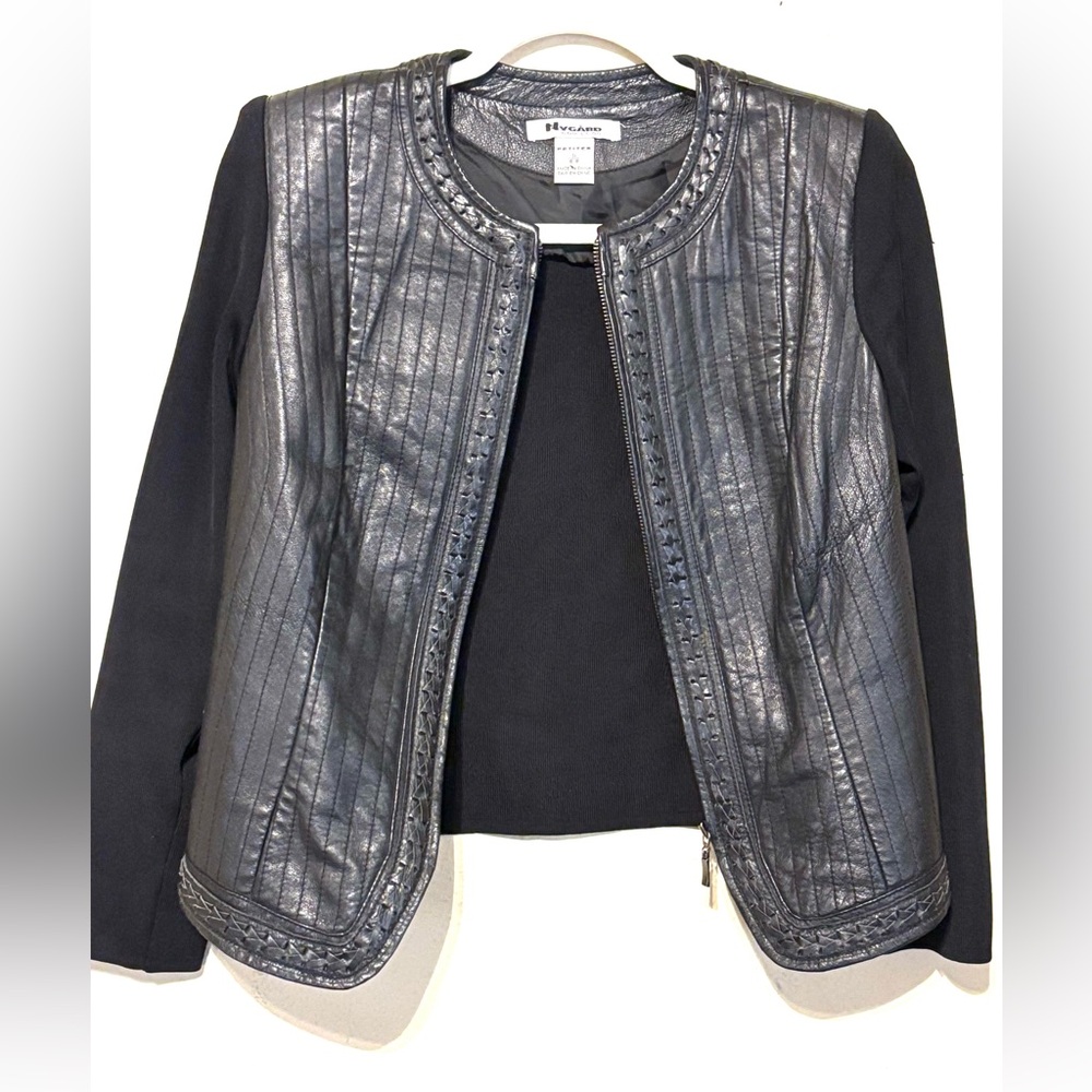 Y2K 100% Leather Front Ribbed Black Sweater Jacket Biker Goth Grunge Luxury Sz S